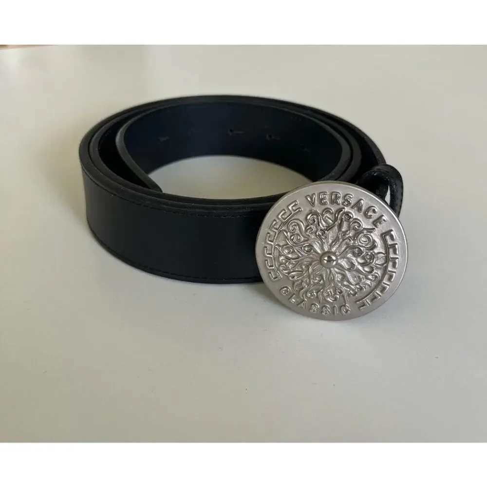 Vintage 1990’s Versace Classic V2 Silver Belt Buckle Italian Black Leather Strap